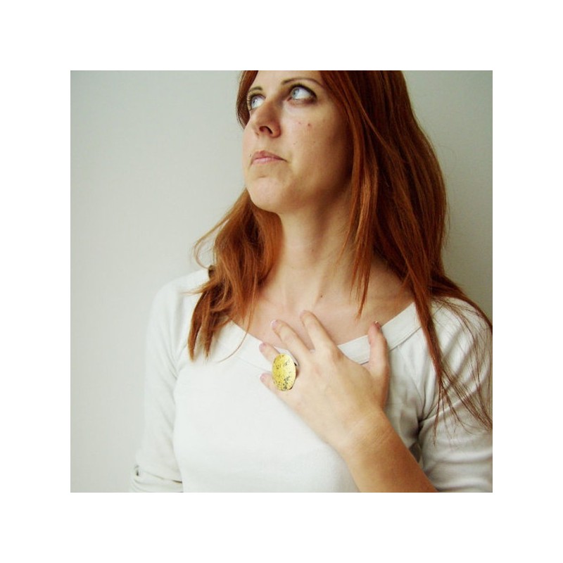 Large gold disk ring, oxidised silver with gold leaf
