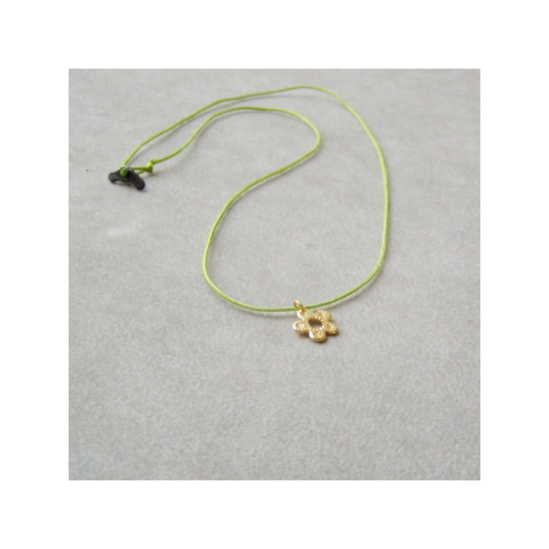 Gold flower pendant, solid gold 18k flower pendant on a chartreuse cord with black, sterling clasp.
