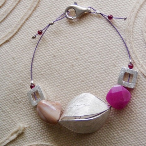 Chunky silver and pink jade and mother of pearl bracelet. 2