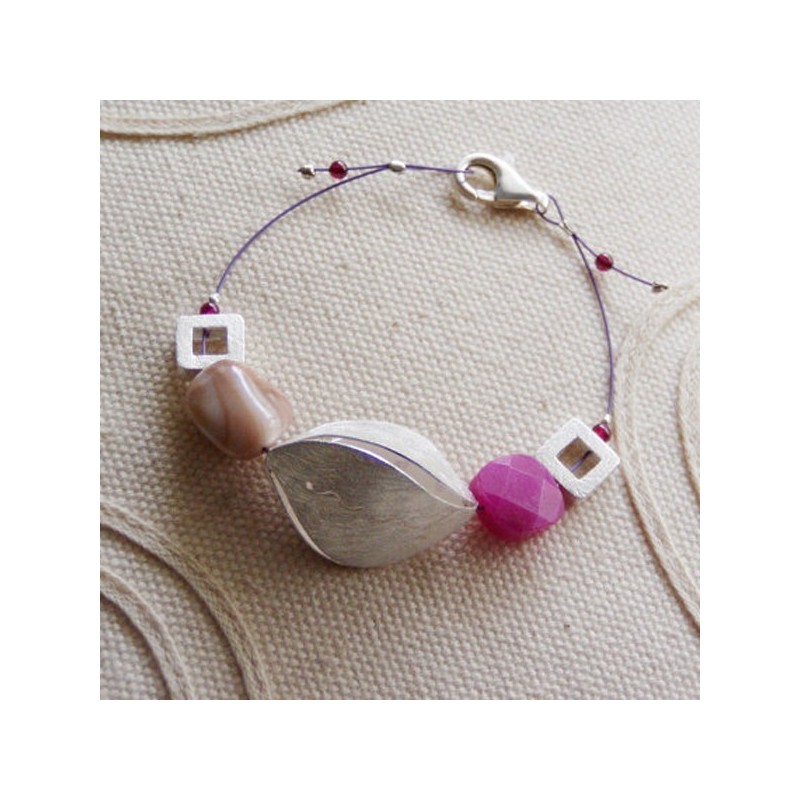 Chunky silver and pink jade and mother of pearl bracelet.