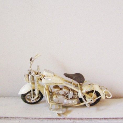 White, Harley type, bike, retro collectible miniature, metal, shabby style. 2