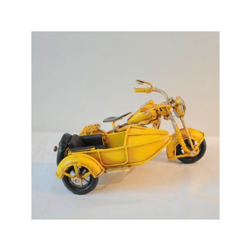 Yellow , metal, miniature retro bike with a side car