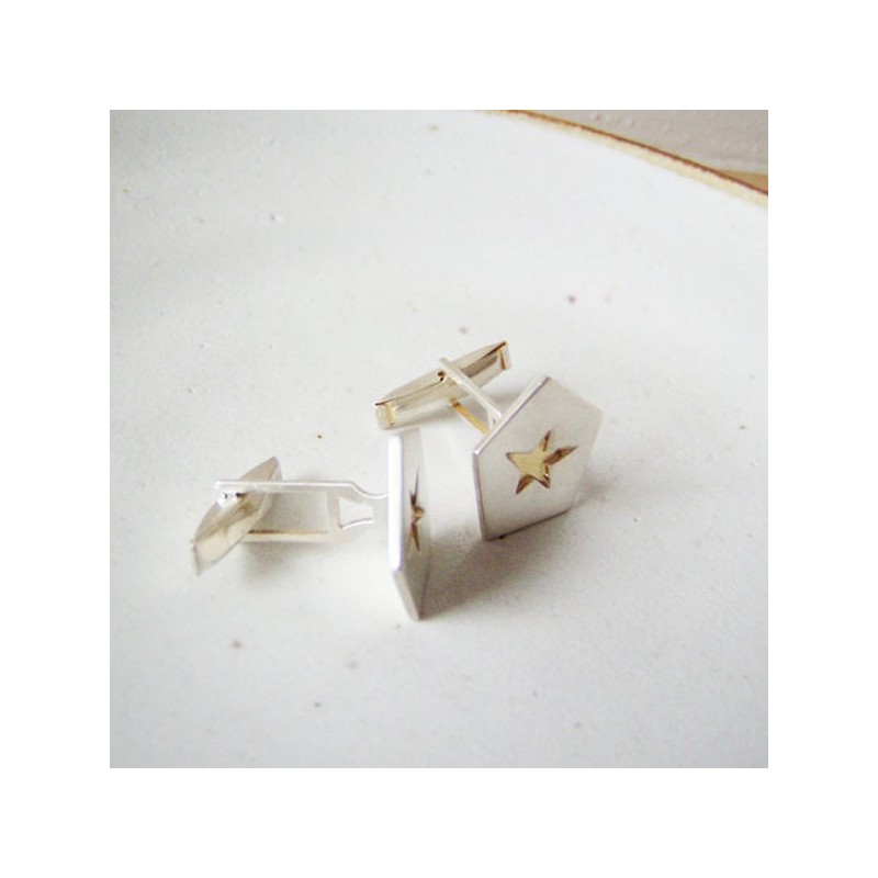 Sterling star cufflinks, pentagonal solid silver star with goldplated center