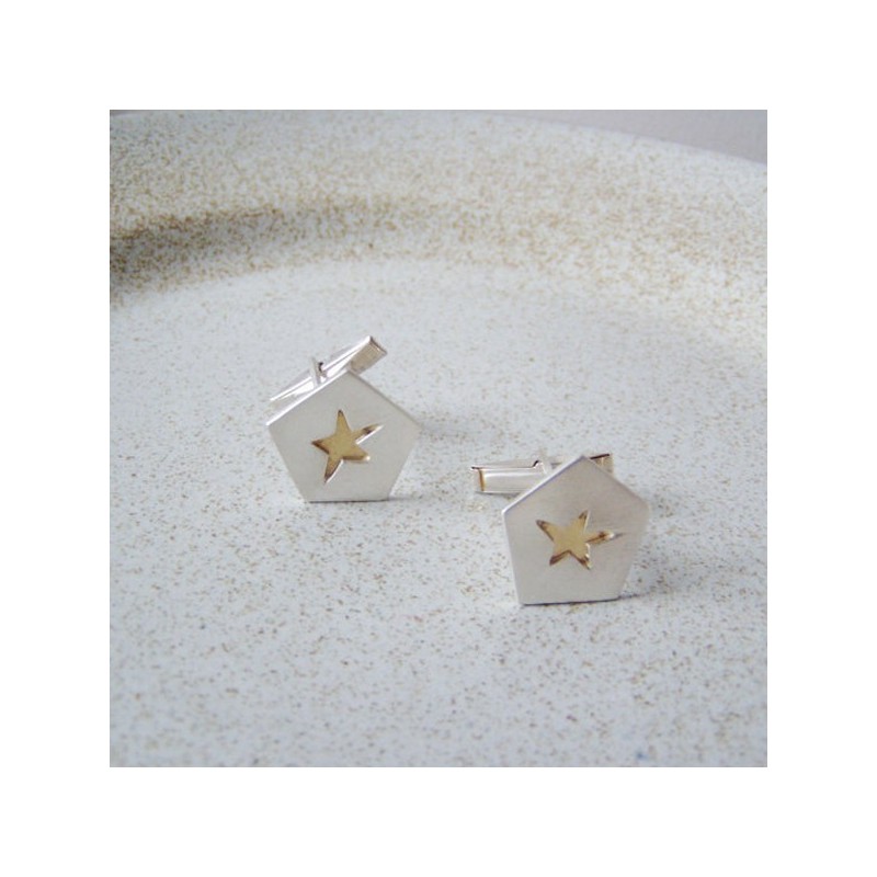 Sterling star cufflinks, pentagonal solid silver star with goldplated center