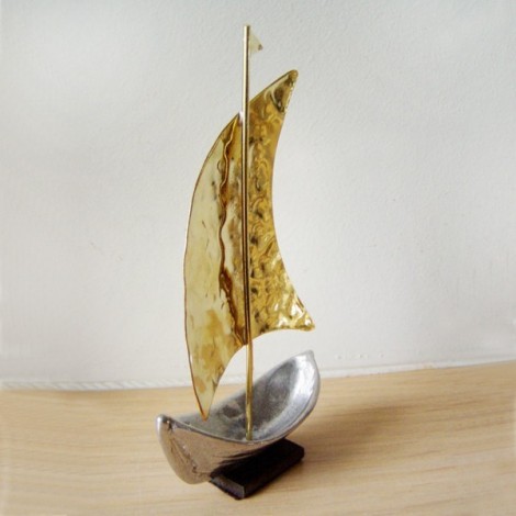 Gold and silver sailboat sculpture, small, metal Greek sailboat of hammered brass and aluminum. 2
