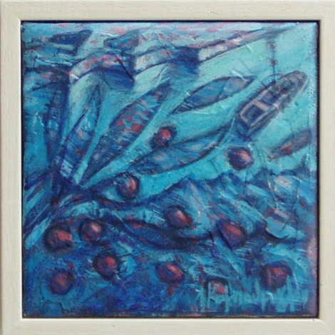 Acrlylic on canvas, original painting of an olive twig, over a sea crossing with boat. 2