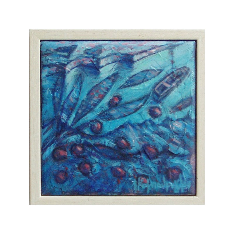 Acrlylic on canvas, original painting of an olive twig, over a sea crossing with boat.
