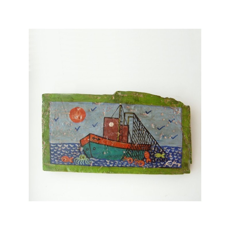 Greek fishing boat painting, folk art painting on reclaimed wood.