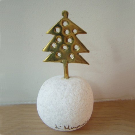 Christmas tree miniature sculpture, brass on marble, holiday decor. 2