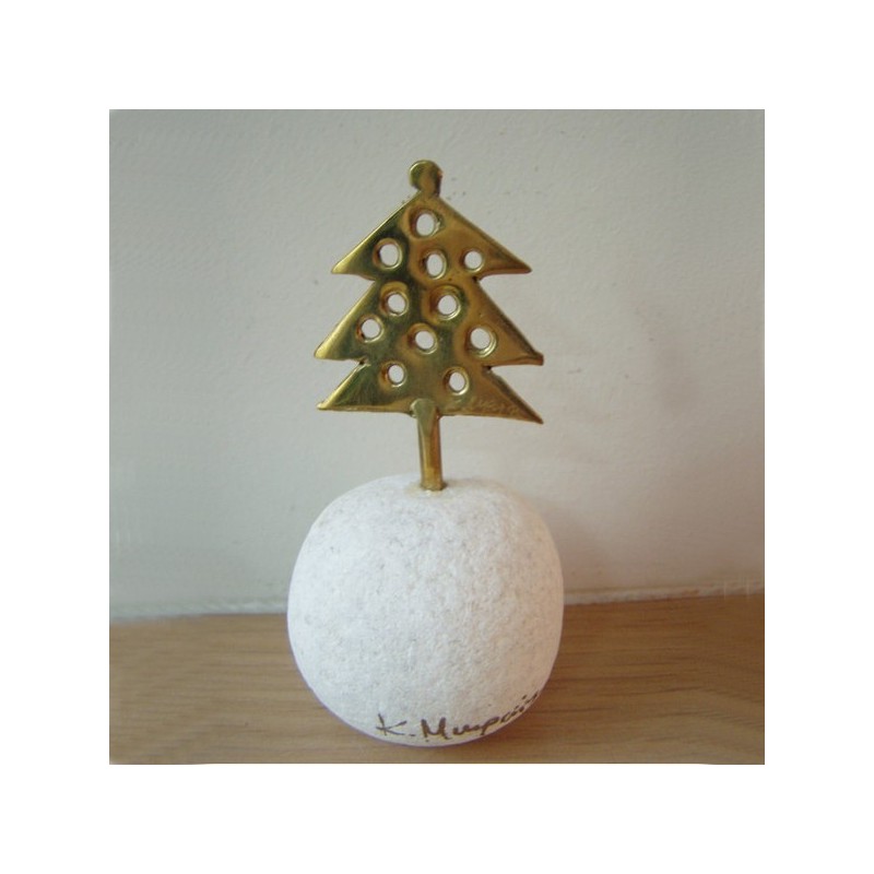 Christmas tree miniature sculpture, brass on marble, holiday decor.
