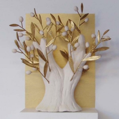 Ceramic tree with bronze branches on a wooden frame with gold leaf 2