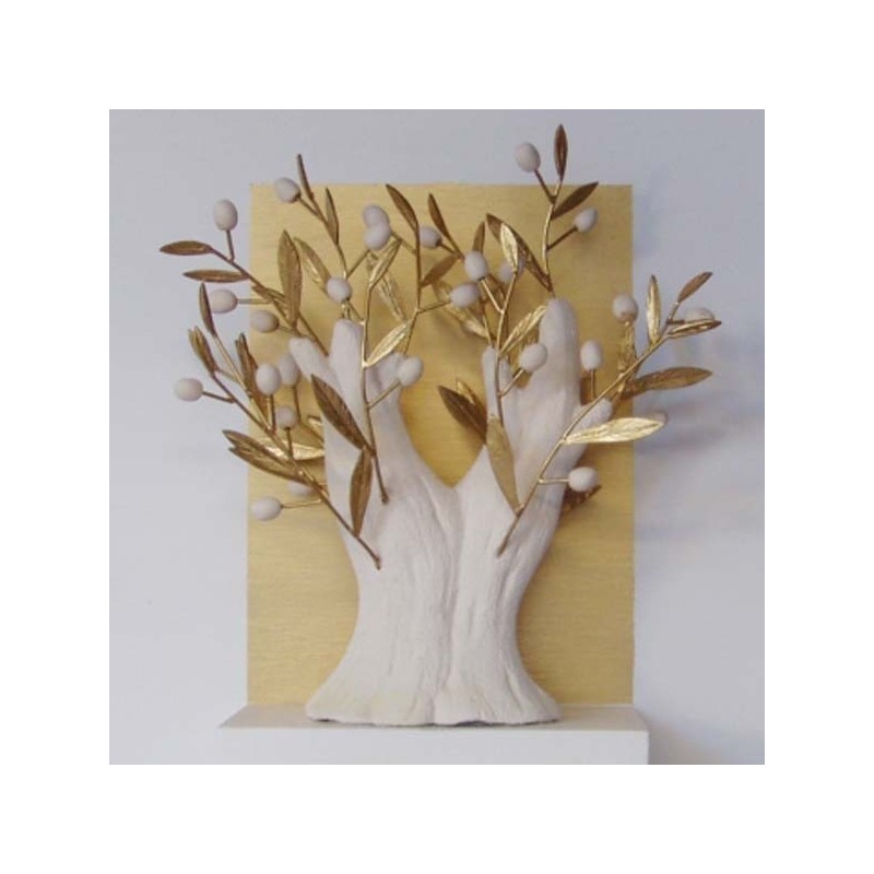 Ceramic tree with bronze branches on a wooden frame with gold leaf