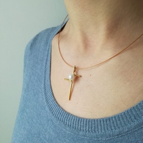 Geometric gold cross necklace, minimal sterling cross on gold wire with white pearl, boho hipster cross pendant
