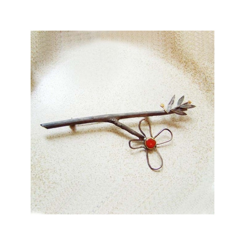 Twig and flower brooch of silver and gold, designer brooch with coral, sterling silver and 18 k gold, eco design.