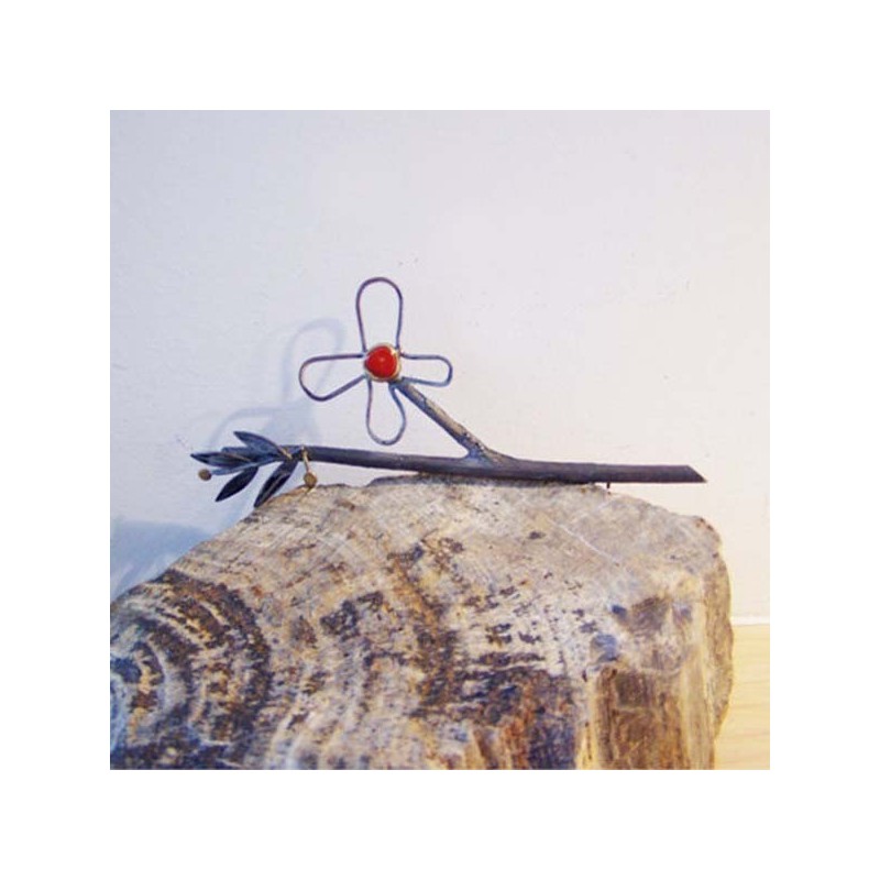 Twig and flower brooch of silver and gold, designer brooch with coral, sterling silver and 18 k gold, eco design.