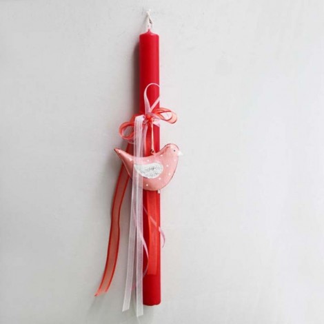 Pink bird Easter candle, metal decorative pink bird on red, Greek Easter candle, red Greek Easter candle