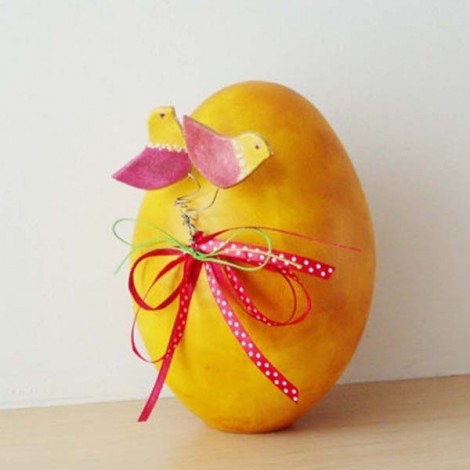 Yellow Easter egg, large ceramic egg with two birdies and ribbons 2