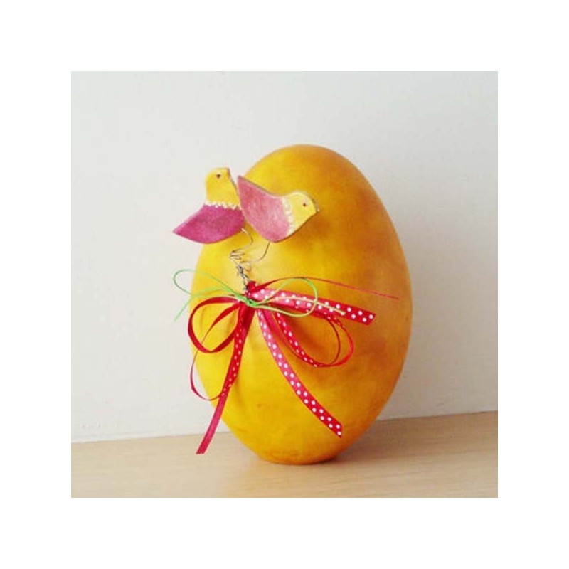 Yellow Easter egg, large ceramic egg with two birdies and ribbons