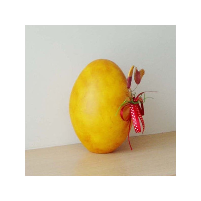 Yellow Easter egg, large ceramic egg with two birdies and ribbons