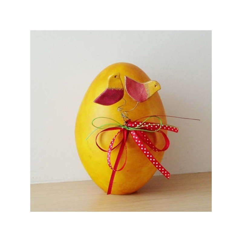 Yellow Easter egg, large ceramic egg with two birdies and ribbons