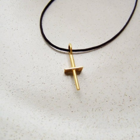 Modern gold cross, 18K designer made, solid gold cross of minimal design on a black cord