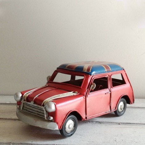 Red Mini Cooper miniature with British flag, collectible miniature, tin Mini Cooper replica with Union Jack rooftop