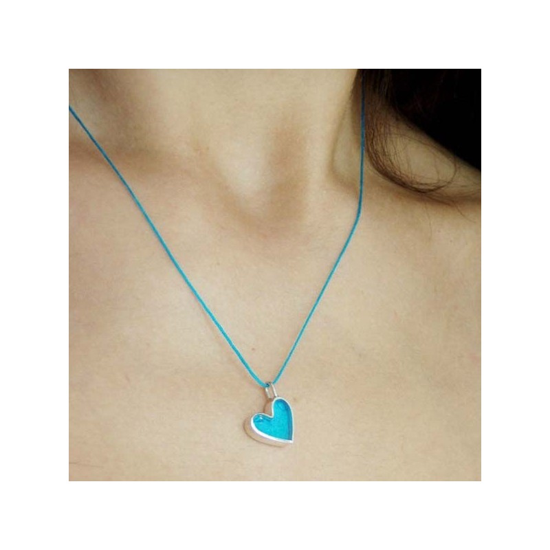 Resin heart necklace, turquoise coloured, sterling silver , eco hand polish