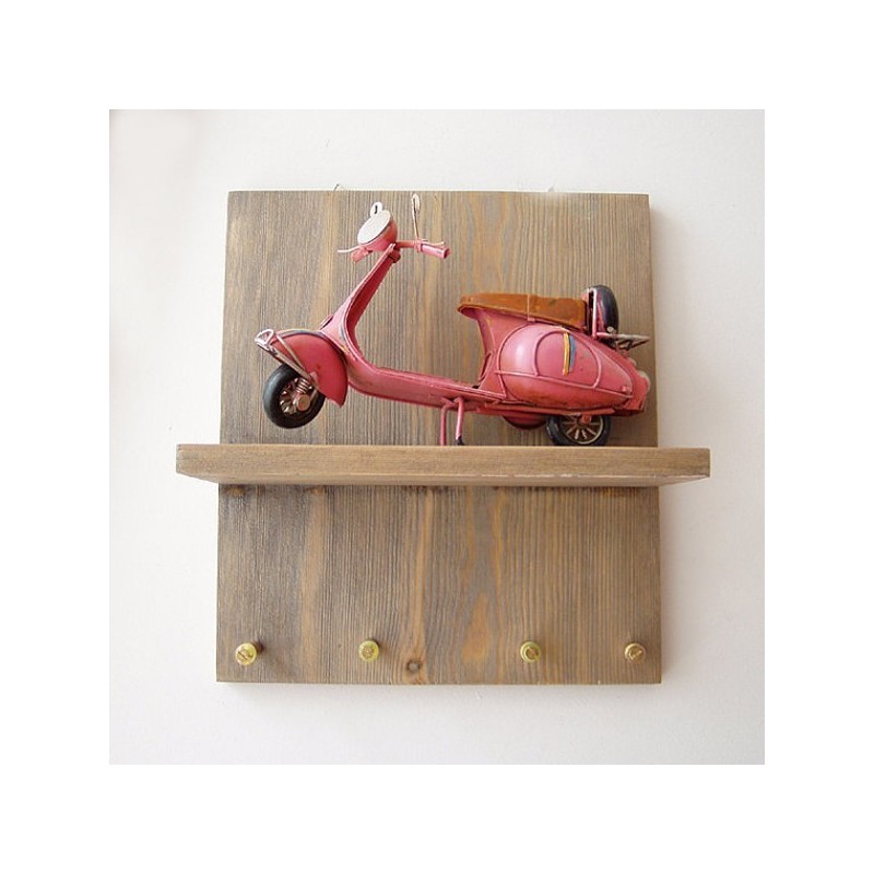 Pink Vespa key organiser, wooden board with vespa scooter and key holders,  office and home key organiser