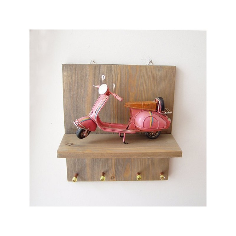 Pink Vespa key organiser, wooden board with vespa scooter and key holders,  office and home key organiser