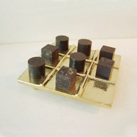 Brass tic tac toe, oxidised pawns of cube and cylinder 2