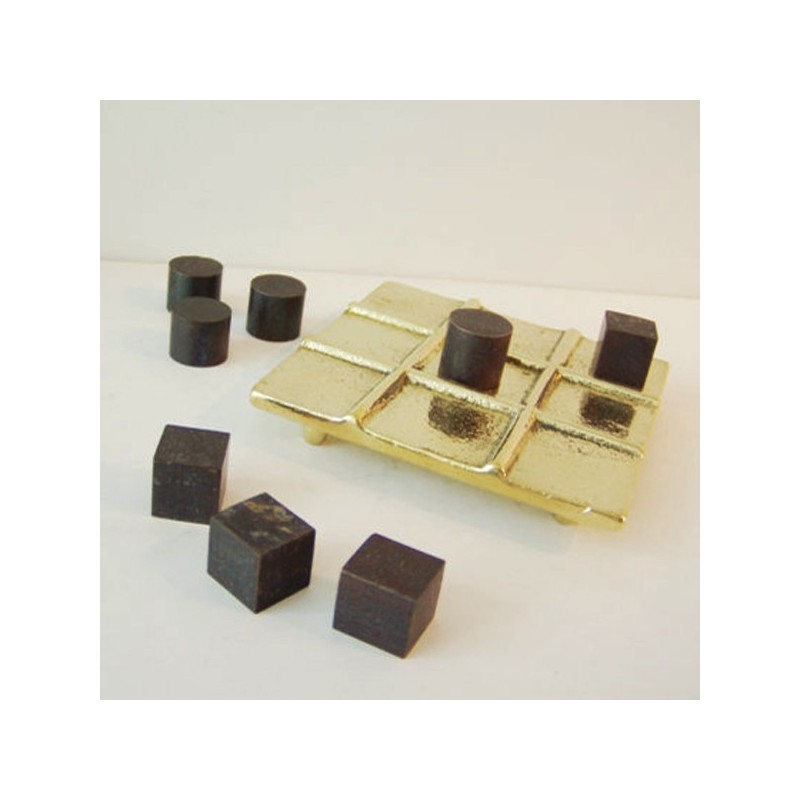 Brass tic tac toe, oxidised pawns of cube and cylinder