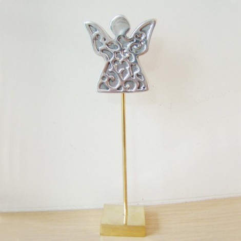 Siilver angel sculpture, carved aluminum small sculpture of an agel on a tall, brass stem 2