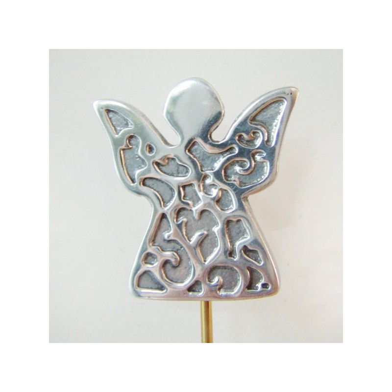 Siilver angel sculpture, carved aluminum small sculpture of an agel on a tall, brass stem