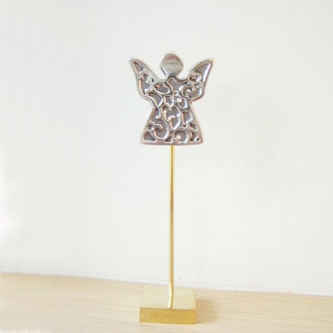 Siilver angel sculpture, carved aluminum small sculpture of an agel on a tall, brass stem