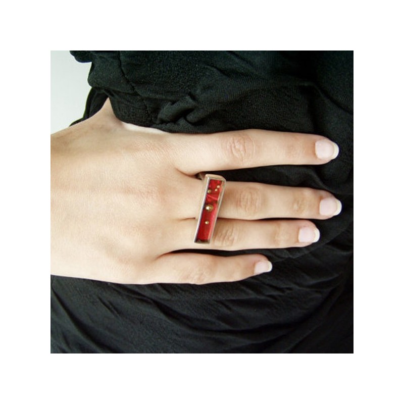 Ruby red rectangular ring, sterling silver and resin designer ring with gold nuggets