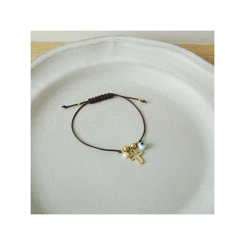 Gold cross blue eye bracelet, brown cord, macrame friendsip bracelet, adjustable cuff