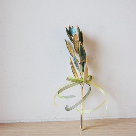 Olive twig favour, real olive twig with gold and copper patina, Greek olive sculpture in gold and teal 2