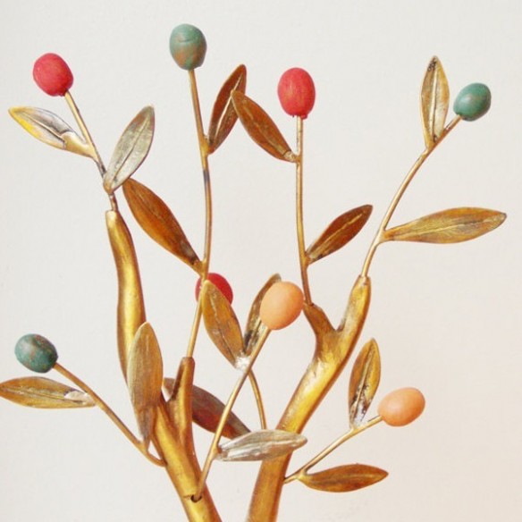 Olive tree sculpture with colourful olives, brass mini sculpture of