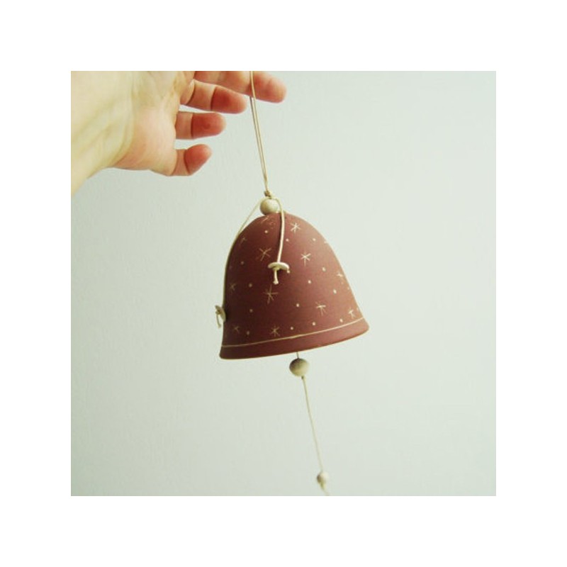 Christmas bell, ceramic bell ornament of high fire stoneware clay, rustic Christmas bell with stars decor