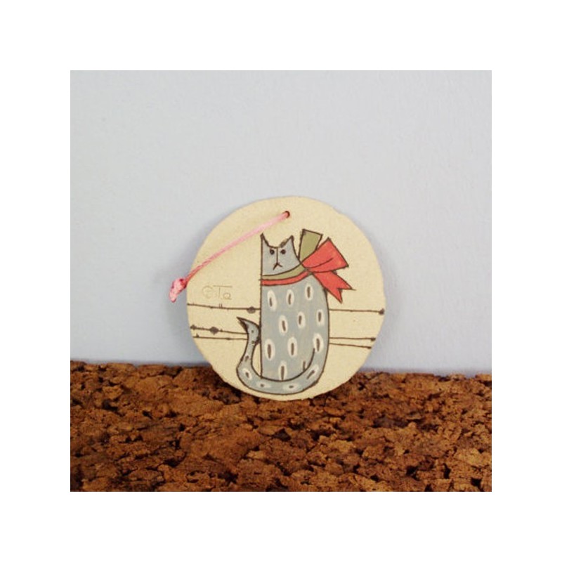 Ceramic blue cat ornament, round wall hanging or tree ornament of blue cat with red bow, small Xmas gift