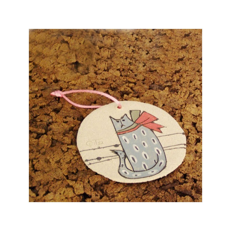 Ceramic blue cat ornament, round wall hanging or tree ornament of blue cat with red bow, small Xmas gift