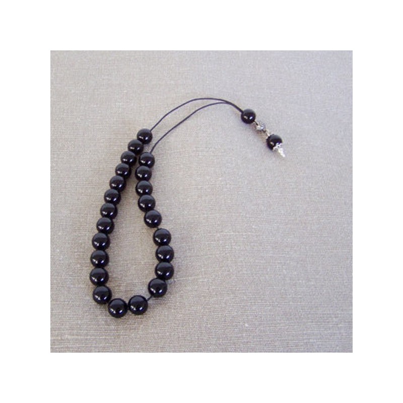 Black onyx worrybeads set on a black cord with sterling silver,  shiny onyx beads mala-prayer beads set, Greek komboloi