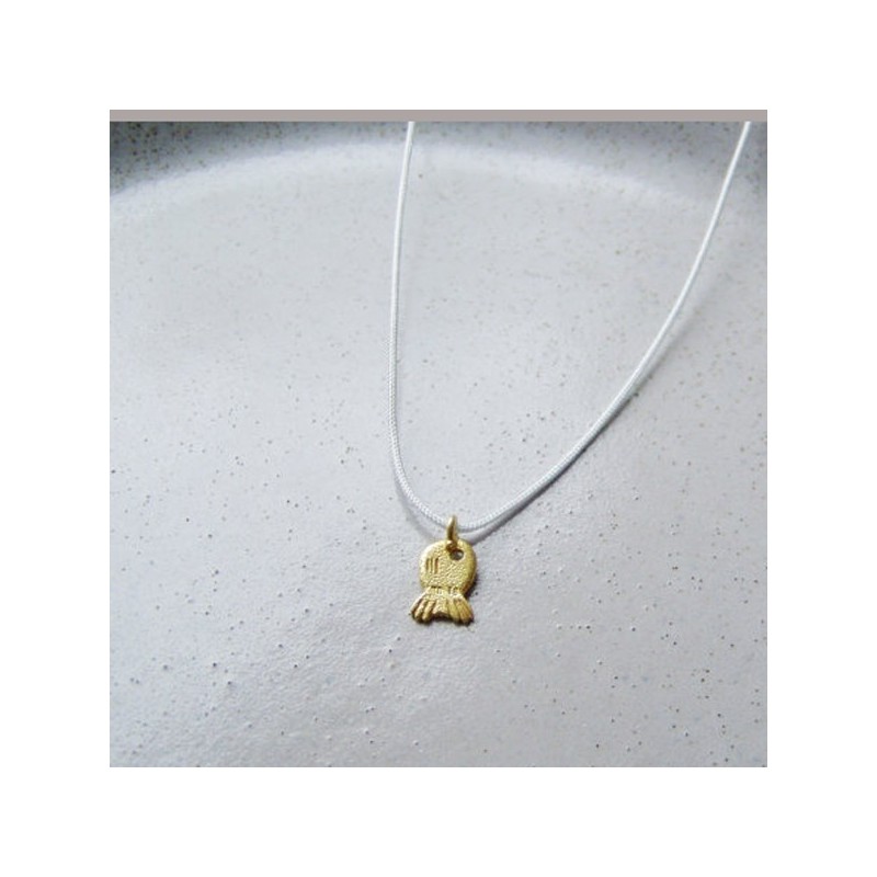 Little gold fish necklace, 18 k solid gold fish pendant on a pale, baby blue cord