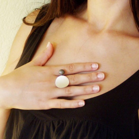 Open designer ring, sterling handmade ring of white disk and black ball, exceptional design Greek jewellery 2