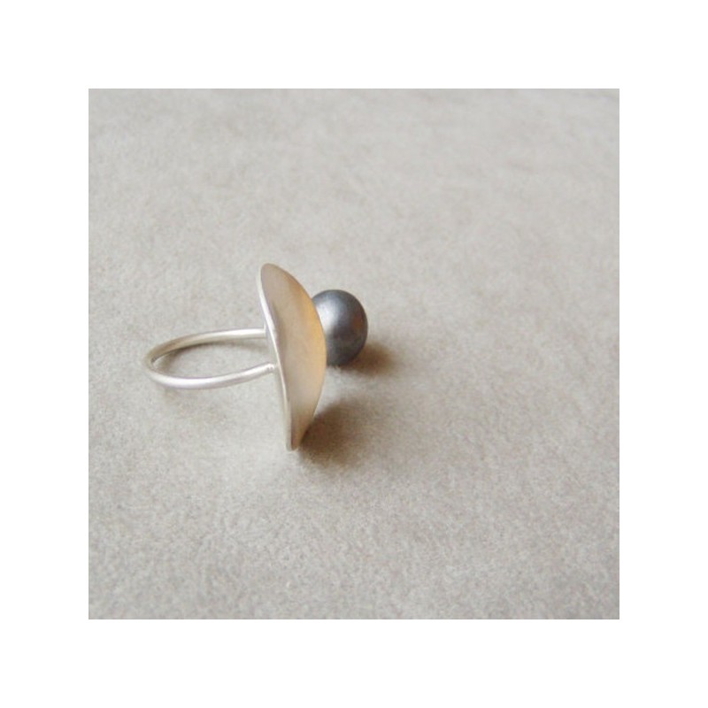 Open designer ring, sterling handmade ring of white disk and black ball, exceptional design Greek jewellery