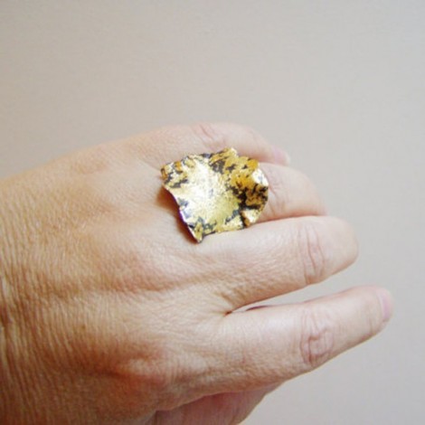 Black and gold square ring uneven oxidised surface with gold leaf 2