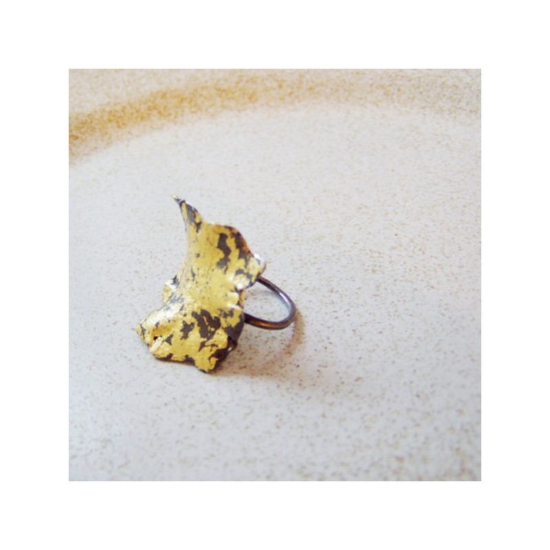 Black and gold square ring uneven oxidised surface with gold leaf