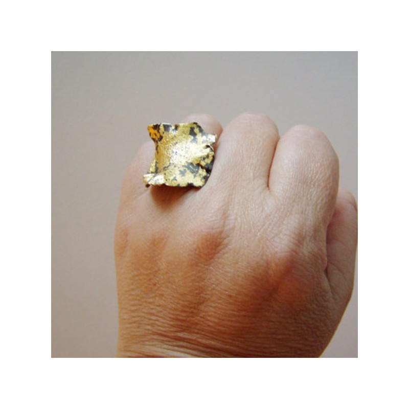 Black and gold square ring uneven oxidised surface with gold leaf