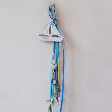 Silver sailboat charm, Greek sailboat with blue eye, blue ribbons and blue beads, good luck gift, Greek folk art sailboat 2