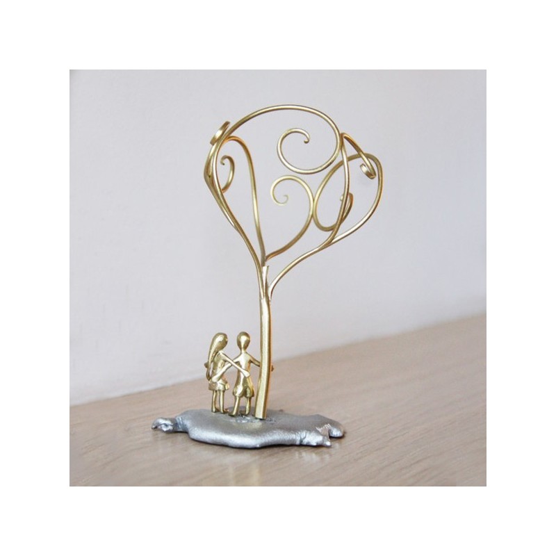 Lovers sculpture-art object, miniature boy and girl sculpture with a tree, aluminum base, brass tree and figures